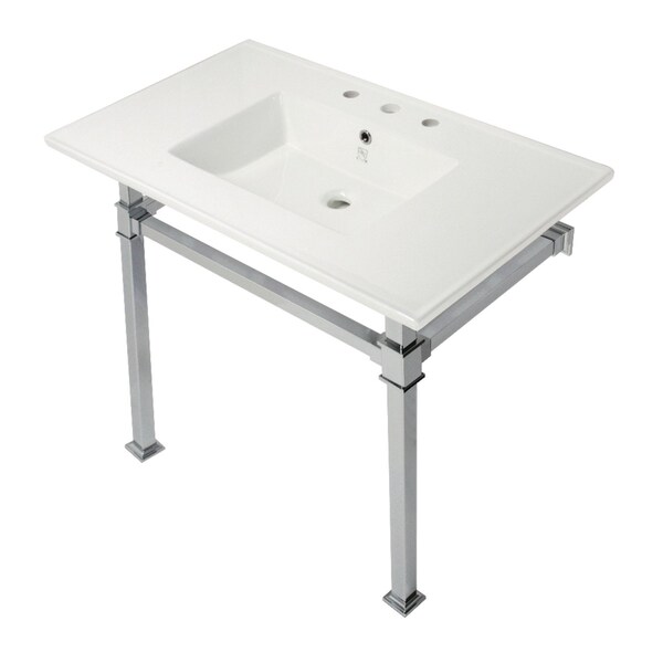 Kingston Brass KVPB37228Q1 37-Inch Console Sink with Stainless Steel Legs (8-Inch, 3 Hole), White/Polished Chrome KVPB37228Q1 - main